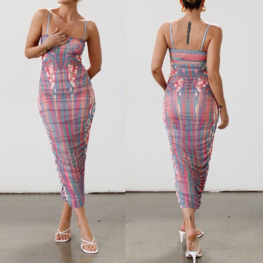 AFRM Hazel Ruched Midi Dress Size S Pastel Abstract Knit Mesh Bodycon Y2K Party
